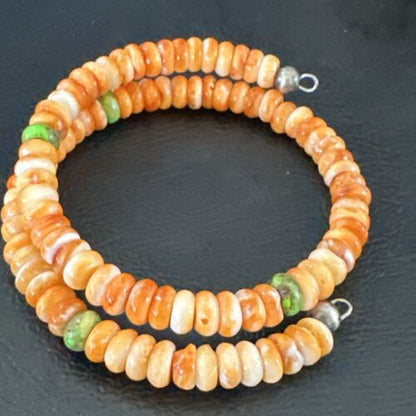 Navajo Orange Spiny Oyster & Green Turquoise Bracelet | 6mm Memory Wire | Authentic Native American Handmade | 17622