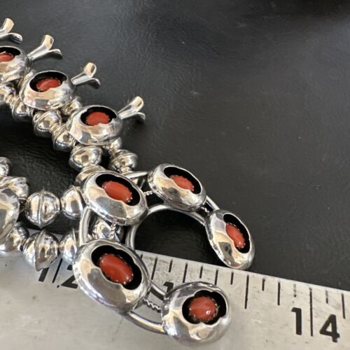 Navajo Red Coral Shadowbox Squash Blossom Necklace | Sterling Silver | 17" | Authentic Native American Handmade | 16116
