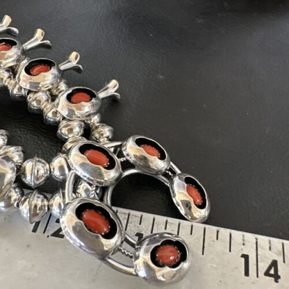 Navajo Red Coral Shadowbox Squash Blossom Necklace | Sterling Silver | 17" | Authentic Native American Handmade | 16116