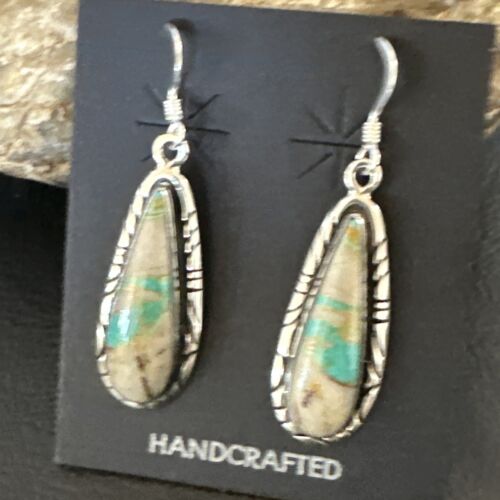 Navajo Blue Boulder Turquoise Dangle Earrings | Sterling Silver | Authentic Native American Handmade | 16504