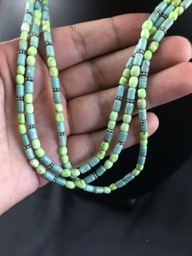 Navajo Blue Green Turquoise Necklace | 3-Strand | Sterling Silver | 17" | Authentic Native American Handmade | 10245