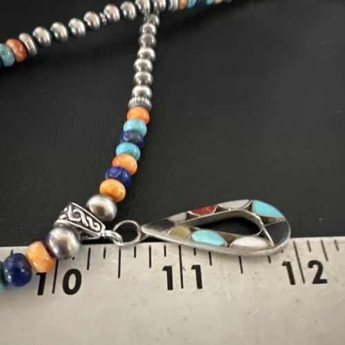 Navajo Spiny Oyster Turquoise Lapis Inlay Pendant Necklace | Sterling Silver | 21" | Authentic Native American Handmade | 16768