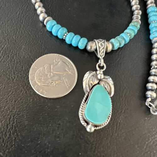 Navajo Blue Turquoise Pendant with Pearls | Sterling Silver Necklace | Authentic Native American Handmade | 15416