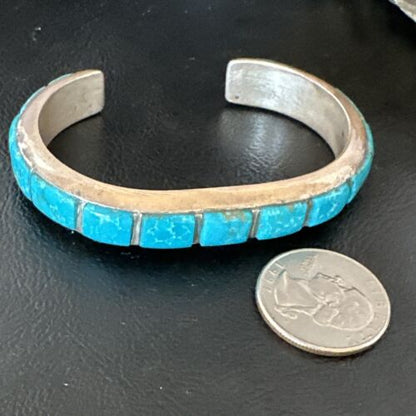 Old Pawn Men's Blue Kingman Turquoise Cuff Bracelet | Zuni Sterling Silver | 15955