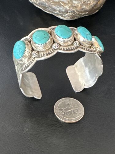 Navajo Blue Turquoise 5 Stone Cuff Bracelet | Sterling Silver | XL Men's | Authentic Native American Handmade | 15859