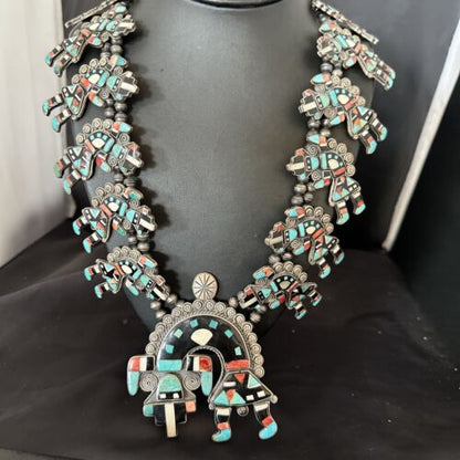 XXL Turquoise Onyx Kokopelli Inlay Squash Blossom Necklace | Sterling Silver | 16177 - Masha USA