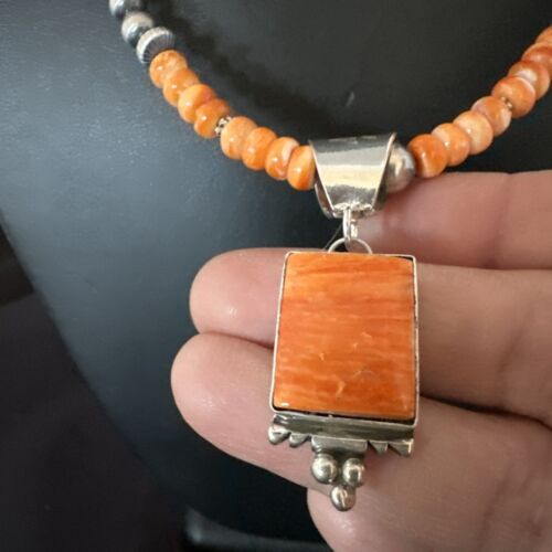 Navajo Pearls Necklace with Orange Spiny Oyster Pendant | Sterling Silver | Authentic Native American Handmade | 17050