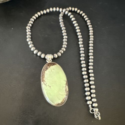 Navajo Green Gaspeite Pendant Necklace | Sterling Silver | Authentic Native American Handmade | 15485