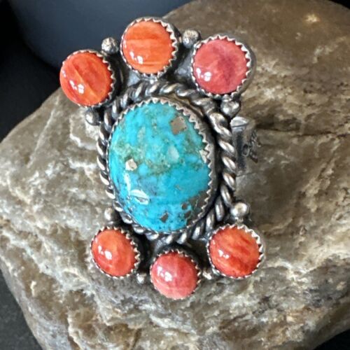 Navajo Turquoise & Spiny Oyster Cluster Ring | Authentic Native American Sterling Silver | Multi-Stone | Sz 8 | 16330