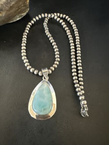 Navajo Blue Larimar Pendant Necklace | Sterling Silver Beads | Authentic Native American Handmade | 17566