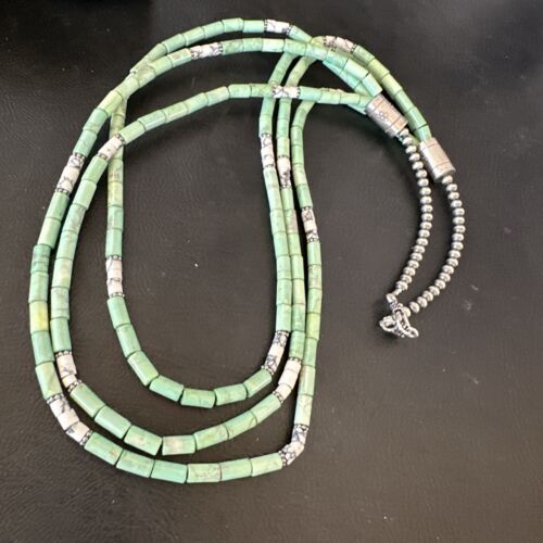 Navajo Pearls Green Turquoise Necklace | Sterling Silver | Authentic Native American Handmade | 3S 17395
