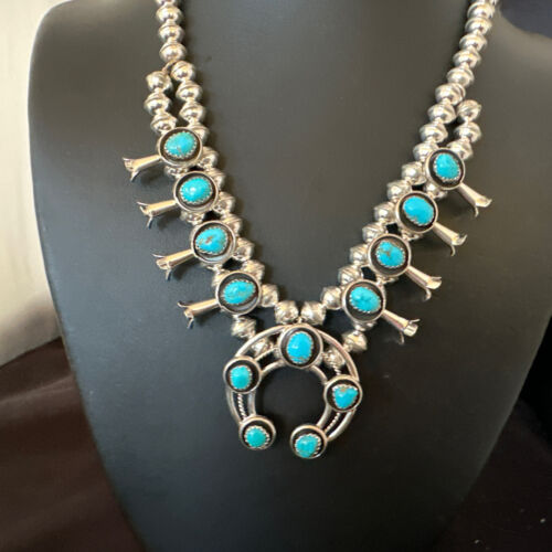 Navajo Kingman Turquoise Shadowbox Squash Blossom Necklace | Sterling Silver | 17" | 16111