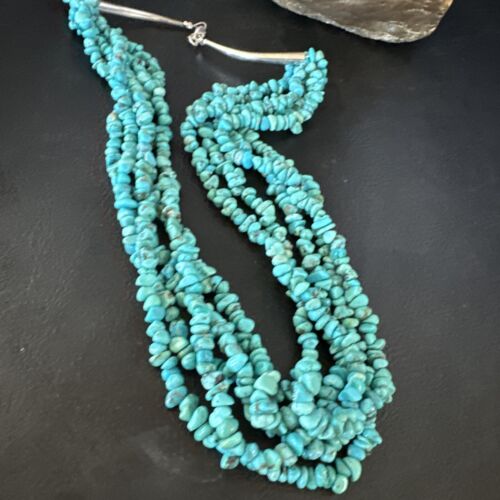 Navajo Blue Turquoise Nugget Bead Necklace | 5 Strand | Sterling Silver | 18" | 15077