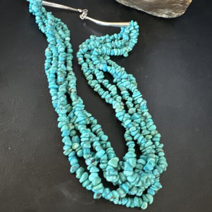 Navajo Blue Turquoise Nugget Bead Necklace | 5 Strand | Sterling Silver | 18" | 15077