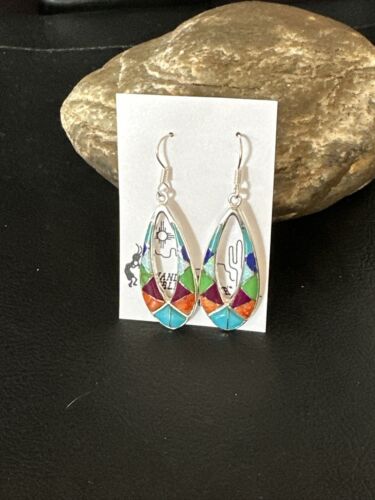 Southwestern Sterling Silver Multi-Color Turquoise Lapis Inlay Earrings | Authentic Native American Handmade | 14938 - Masha USA