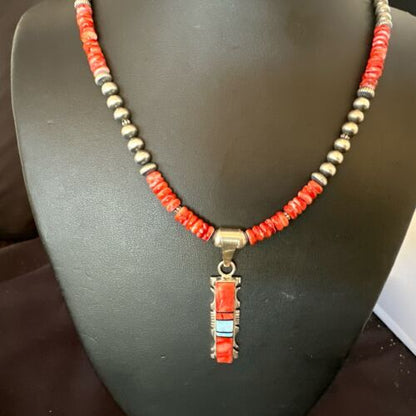 Navajo Red Spiny Oyster Opal Pendant Necklace | Sterling Silver Inlay | Authentic Native American Handmade | 16885