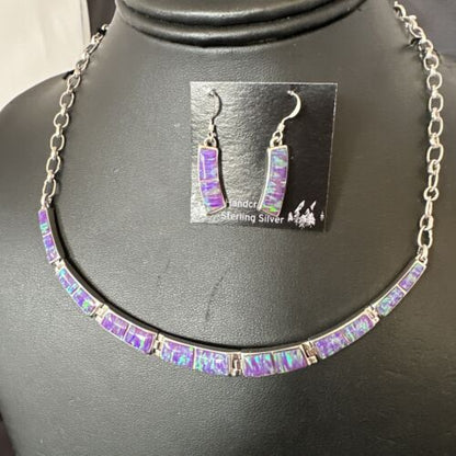 Navajo Purple Opal Inlay Choker Necklace & Earrings Set | Sterling Silver | Authentic Native American Handmade | 16260