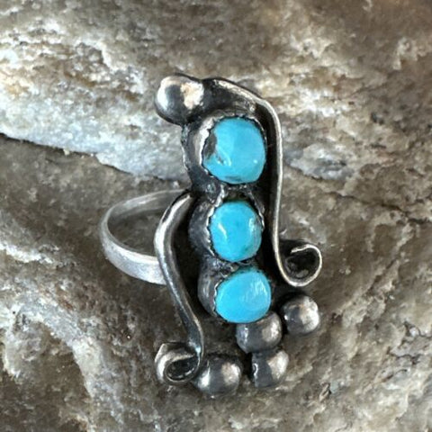Pinkie Blue Cluster Turquoise Navajo Sterling Silver Ring Size 3 15358