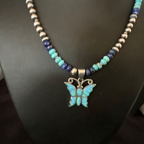 Navajo Butterfly Blue Opal Turquoise Inlay Pendant Necklace | Sterling Silver | Native American Handmade | 16760