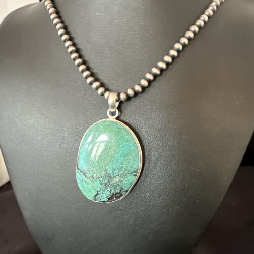 Navajo Blue Spiderweb Turquoise Pendant Necklace | Sterling Silver | Authentic Native American Handmade | 16195