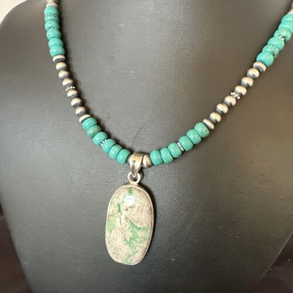 Navajo Teal Blue Turquoise Pendant Necklace | Sterling Silver | Authentic Native American Handmade | 16339