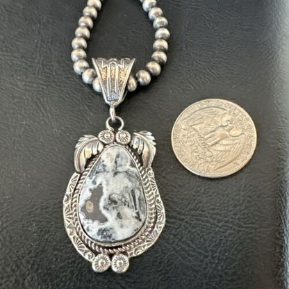 Navajo White Buffalo Turquoise Pendant Necklace | Sterling Silver | Authentic Native American Handmade | 17523