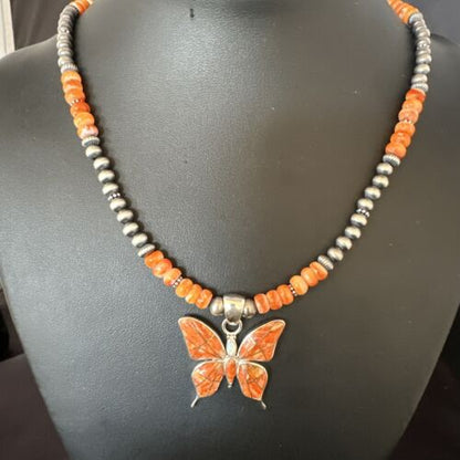 Navajo Butterfly Orange Spiny Oyster Inlay Sterling Silver Pendant Necklace | 15428