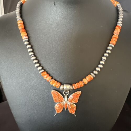 Navajo Butterfly Orange Spiny Oyster Inlay Sterling Silver Pendant Necklace | 15428