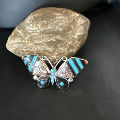 Zuni Butterfly Wild Horse Turquoise Onyx Inlay Pin Pendant | Sterling Silver | Authentic Native American Handmade | 15153