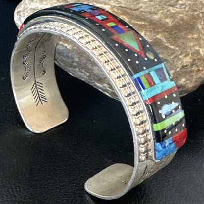 Men's Navajo Black Onyx Coral Turquoise Sterling Silver Cuff Bracelet Inlay | 16122