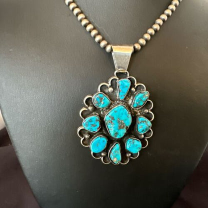 Navajo Blue Kingman Turquoise Cluster Pendant | Sterling Silver | 3" | Authentic Native American Handmade | 17417