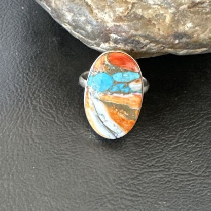 Navajo Turquoise Spiny Oyster Ring | Sterling Silver | Sz 8 | Authentic Native American Handmade | 16609 - Masha USA