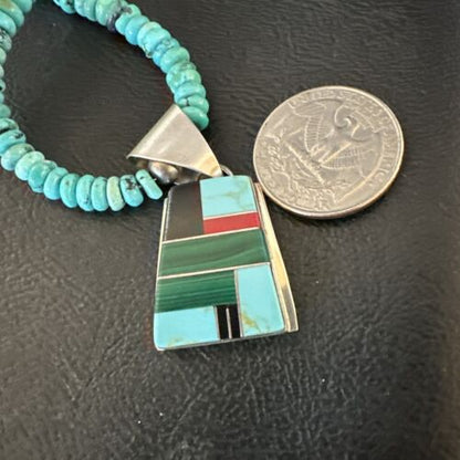 Navajo Turquoise Lapis Inlay Pendant Necklace | Sterling Silver | 20" | Authentic Native American Handmade | 17508