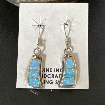 Navajo Blue Faux Opal Inlay Dangle Earrings | Sterling Silver | 1" | Authentic Native American Handmade | 17439