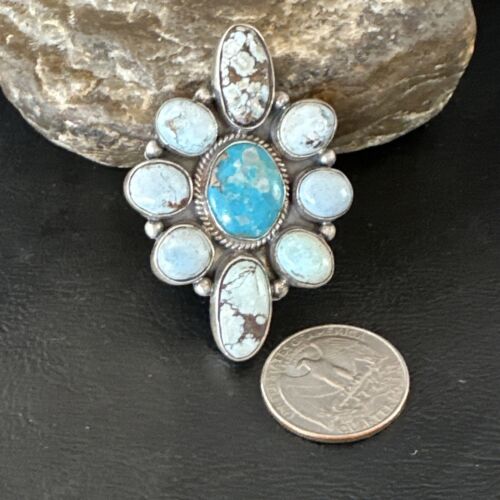 Navajo Golden Hills Turquoise Cluster Ring | Authentic Native American Sterling Silver | Multi-Stone | Sz 8.5 | 16285