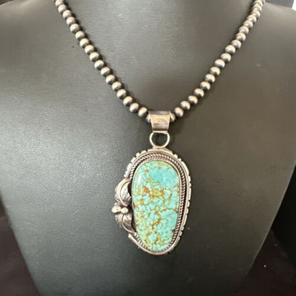 Navajo Blue Turquoise #8 Pendant Necklace | Sterling Silver Pearls | Authentic Native American Handmade | 15905
