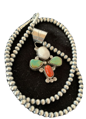 Navajo Turquoise & Coral Naja Pendant Necklace | Sterling Silver | Native American Handmade | 1477