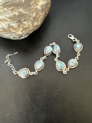 Navajo Blue Larimar Link Bracelet | Sterling Silver | 8" | Authentic Native American Handmade | 16083
