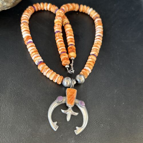 Men's Orange Spiny Oyster Sugilite Naja Pendant Necklace | Navajo Sterling Silver | 22" | Authentic Native American Handmade | 15226