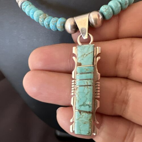 Men's and Women's Turquoise #8 Inlay Pendant Necklace | Navajo Sterling Silver | Authentic Native American Handmade | 17075