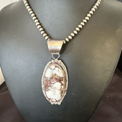 Navajo Wild Horse Turquoise Pendant Necklace | Sterling Silver | Authentic Native American Handmade | 17114