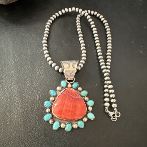 Navajo Blue Kingman Turquoise & Red Spiny Oyster Pendant | Sterling Silver | 17227