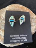 Navajo Turquoise White Opal Onyx Inlay Earrings | Sterling Silver | Authentic Native American Handmade | 13050