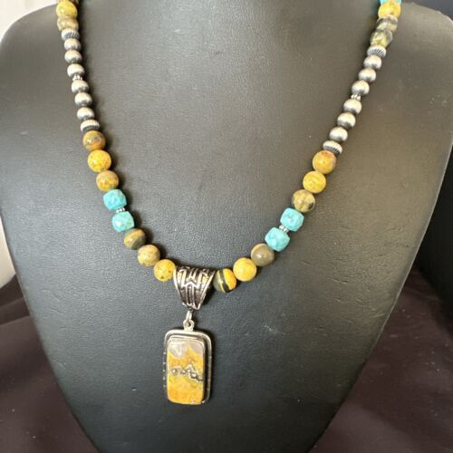 Men's BumbleBee Jasper Pendant Necklace | Navajo Pearls | Sterling Silver | Authentic Native American Handmade | 16873 - Masha USA