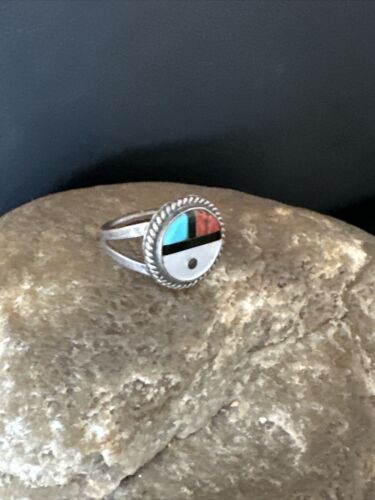 Zuni Pinky Coral Turquoise Onyx Mother of Pearl Inlay Ring | Sz 3 | Sterling Silver | 14918
