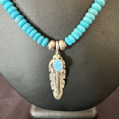 Men's Blue Turquoise Navajo Necklace | Sterling Silver Feather Opal Pendant | Native American Handmade | 17438