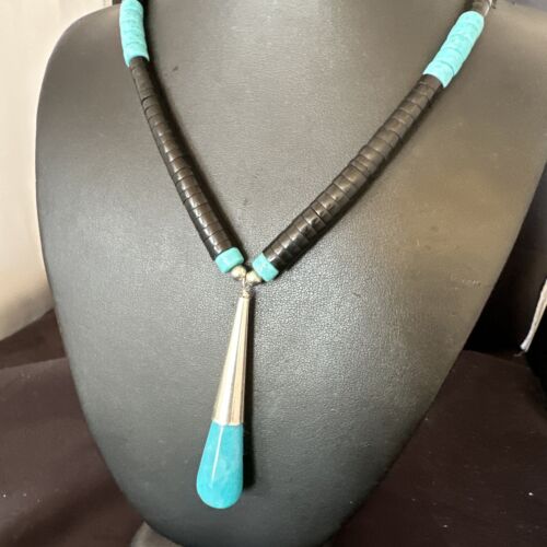 Santo Domingo Blue Turquoise Black Onyx Necklace | Sterling Silver | 21" | 15765