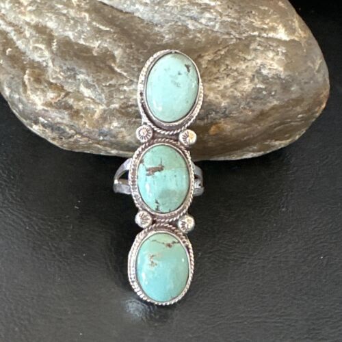 Navajo Blue Dry Creek Turquoise 3-Stone Ring | Authentic Native American Sterling Silver | Multi-Stone | Sz 11 | 16734