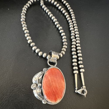 Navajo Red Spiny Oyster Pendant Necklace | Sterling Silver | Authentic Native American Handmade | 15633