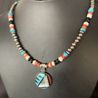 Zuni Multi-Color Turquoise Onyx Necklace with Inlay Pendant | Sterling Silver | 13565
